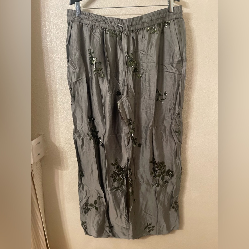 Zara sequin satin effect Embroidered sequin Olive Green Satin Pants NWT XXL - Picture 8 of 10